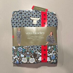 Vera Bradley Black and Blue Floral Pajama Set. Brown, white, blue, green.